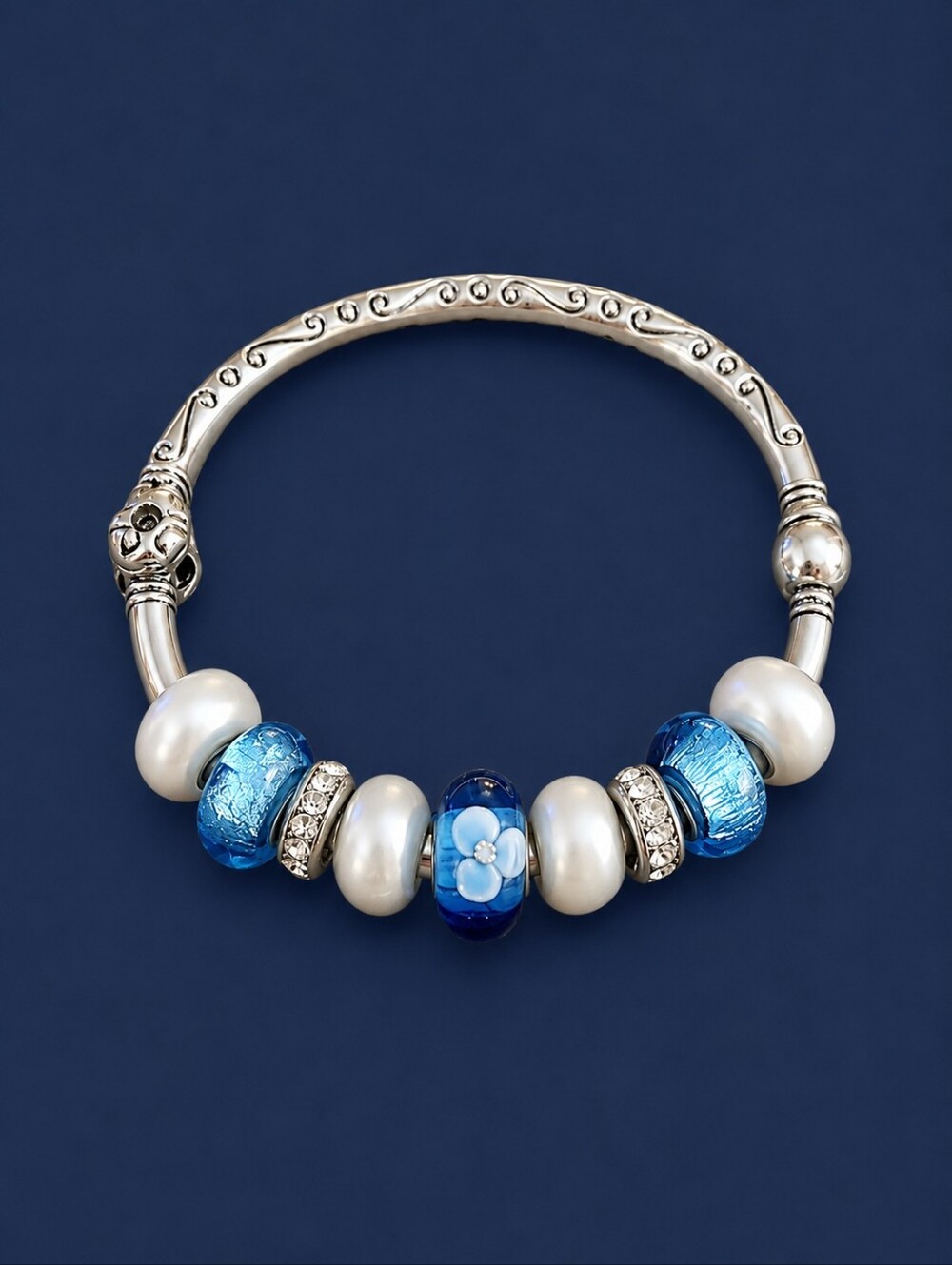 BELLA PERLINA Icy Blue Lampwork Pearl Beaded Magnetic Clamper Bracelet FLAWED